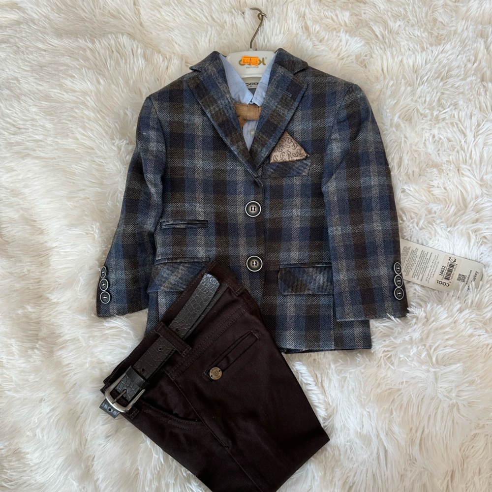🆕 Classic Blue and Brown Plaid Kids Blazer Set